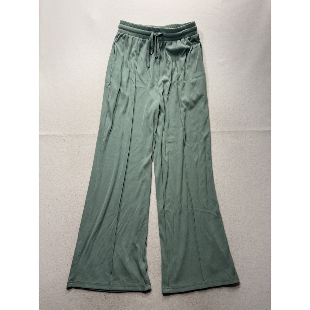 Athleta Sweatpants Womens Medium Green Ribbed Knit Wide Leg Drawstring Lounge